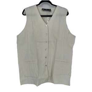 VTG 90s Linen Vest Beige Boho Layer Minimalist Lagenlook Cotton Mother of Pearl